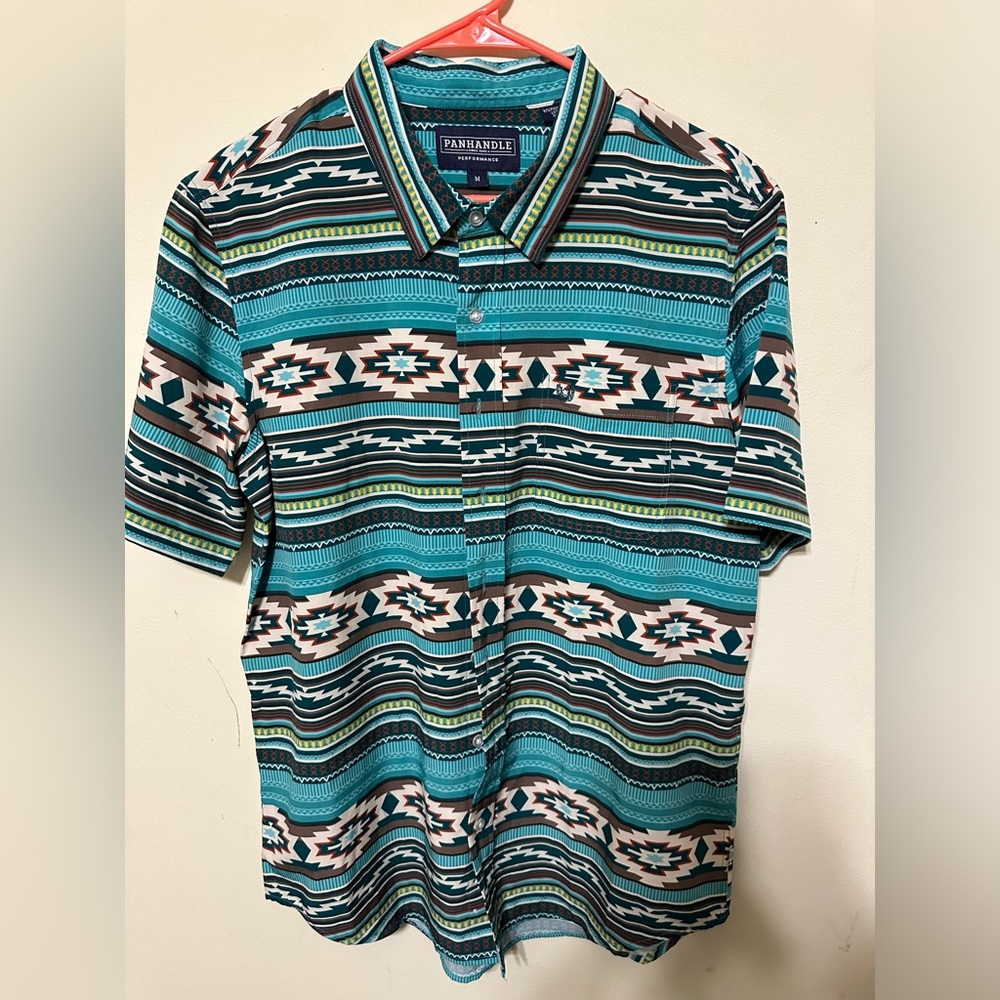 Mens short serape woven turquoise shirt panhandle performance Size M